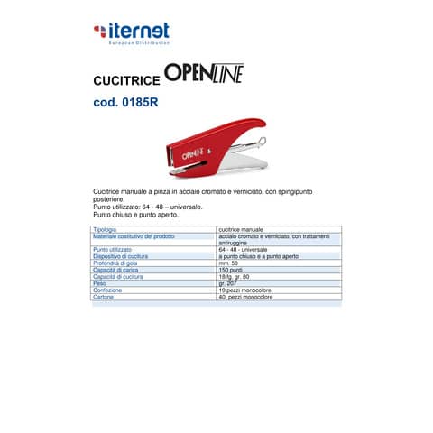 Cucitrice manuale a pinza OPENLINE passo 6 max 18 ff rosso 0185R
